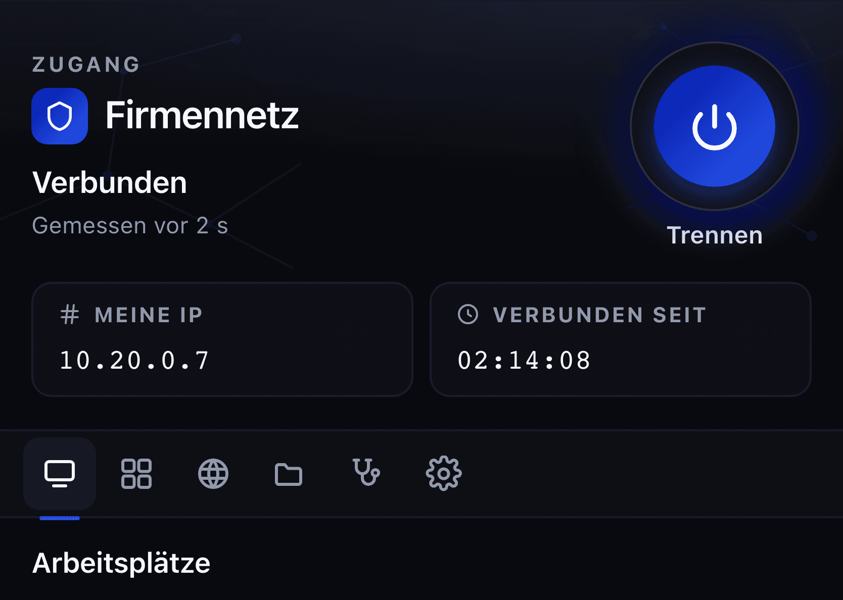Das Fenster von KronAccess im dunklen Thema: Zugang Firmennetz, verbunden, gemessen vor 2 Sekunden, daneben die Taste zum Trennen, darunter die eigene Adresse im Firmennetz und seit wann die Verbindung steht. Die Adresse ist erfunden.