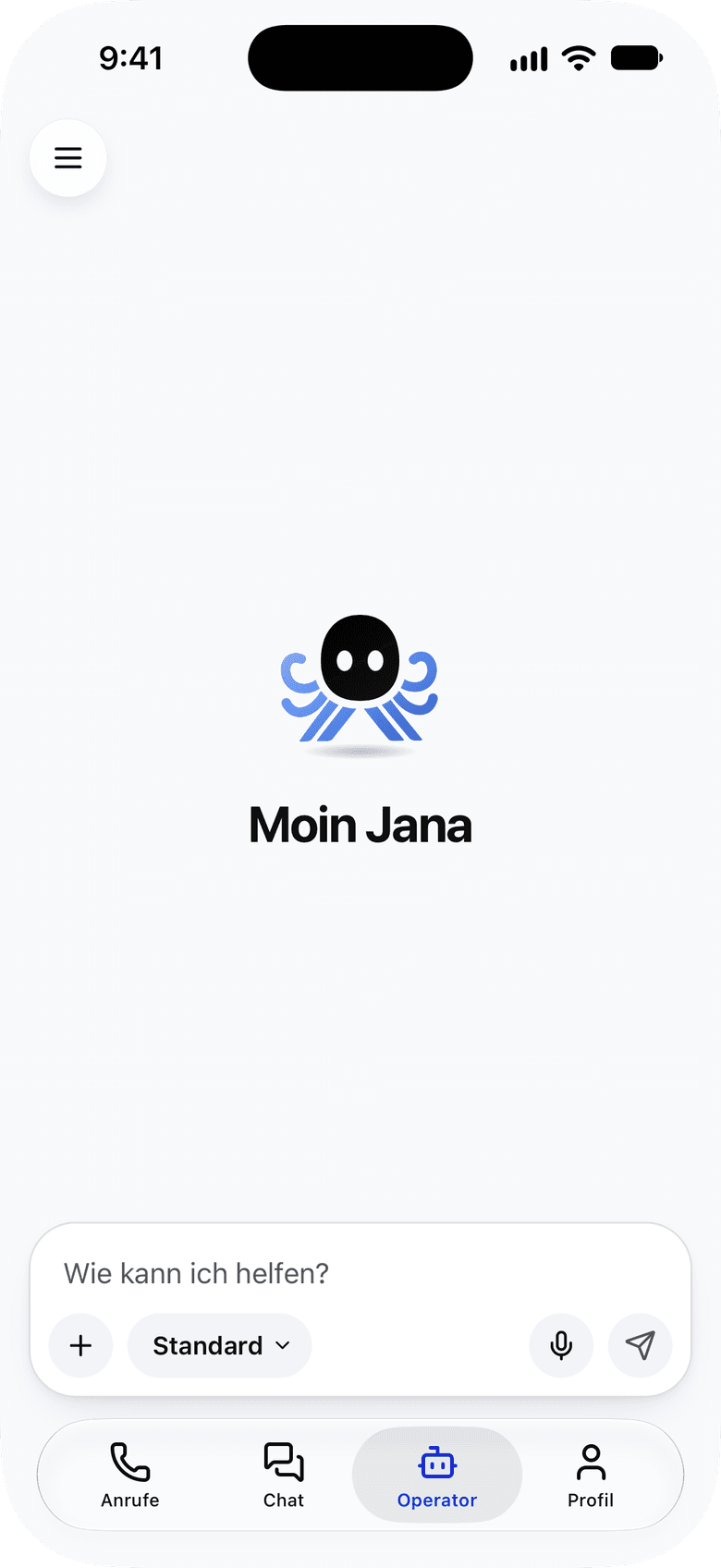 Der Reiter Operator in der App KronChat auf dem iPhone: die Begrüßung Moin Jana und das Feld Wie kann ich helfen, unten die Leiste in Liquid Glass.