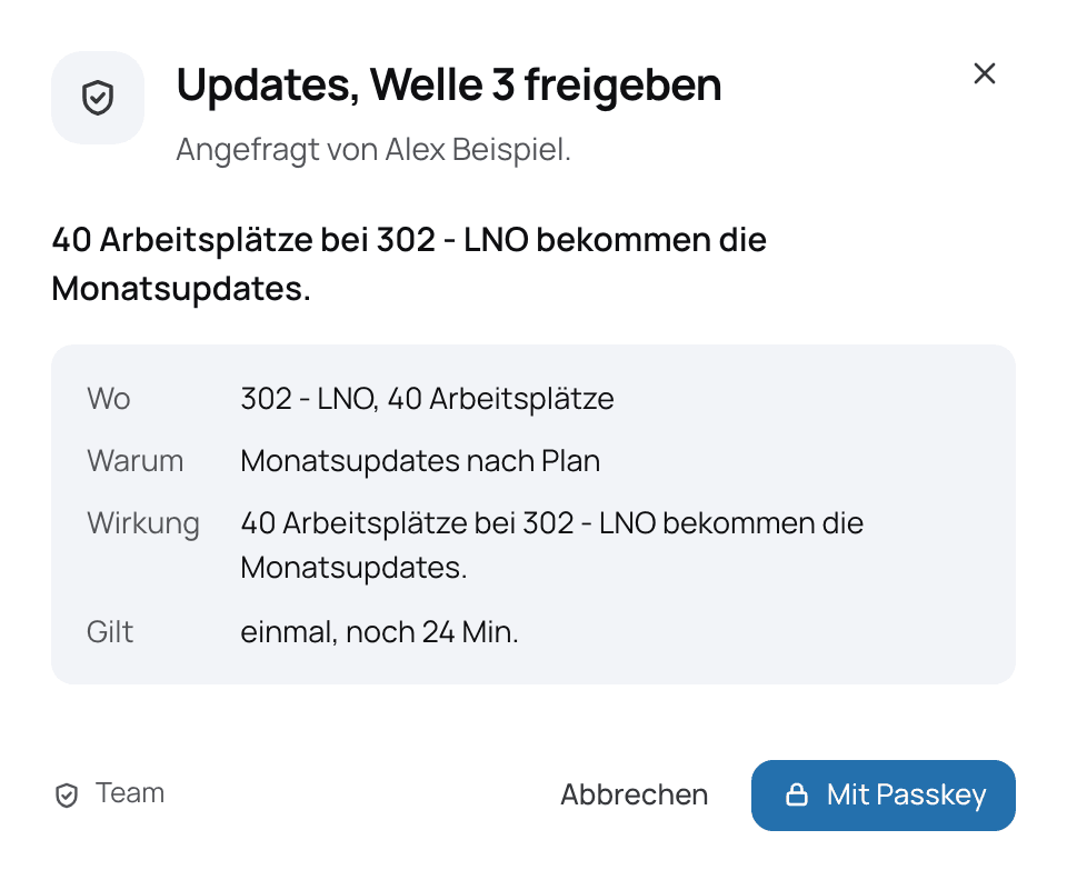 Der Dialog Updates, Welle 3 freigeben: wo, warum, welche Wirkung, gilt einmal. Freigegeben wird mit Passkey. Namen sind erfunden.