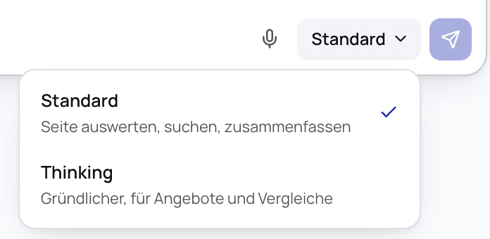Unten im Feld des KronOperators in KronAdmin die offene Wahl: Standard, Seite auswerten, suchen, zusammenfassen, und Thinking, gründlicher, für Angebote und Vergleiche.