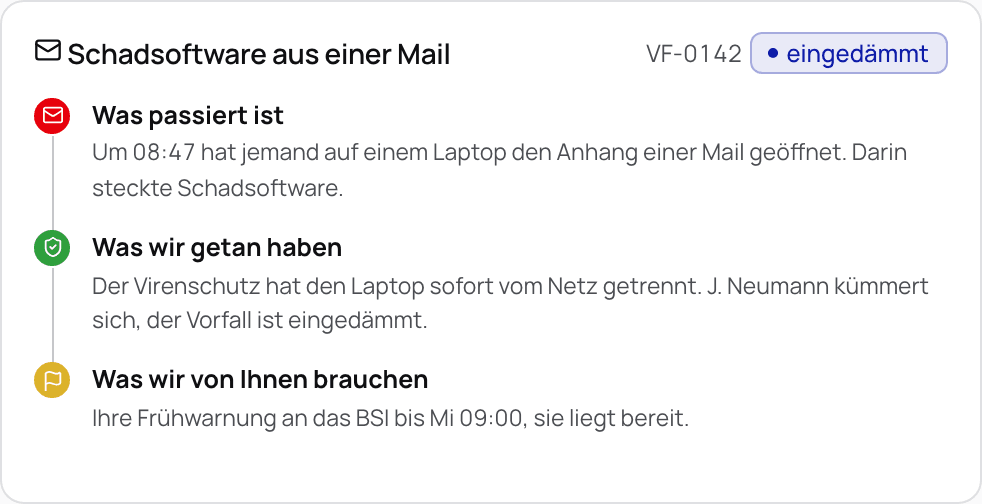 Ein Vorfall in Klartext für die Geschäftsführung: was passiert ist, was wir getan haben und was wir von Ihnen brauchen. Die Frühwarnung an das BSI liegt bereit.