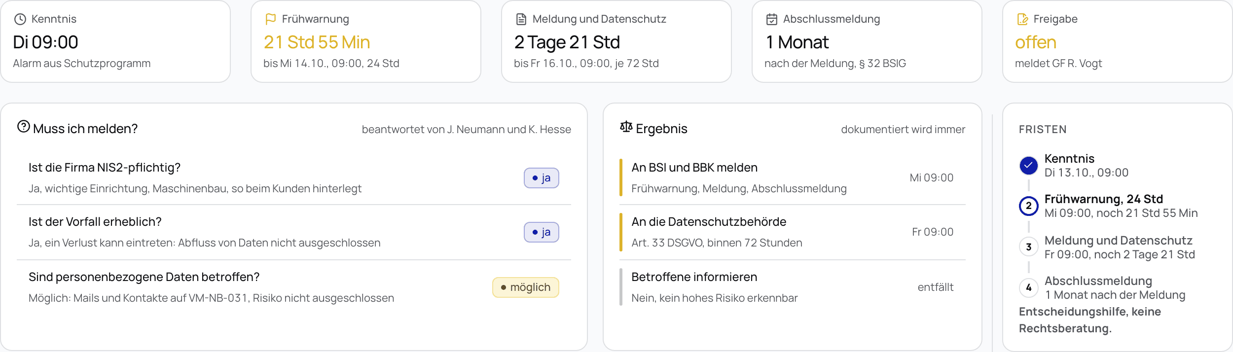 Die Meldung eines Vorfalls in KronGuard: Kenntnis, Frühwarnung, Meldung und Abschlussmeldung mit ihren Fristen, die Fragen Muss ich melden mit ihren Antworten, das Ergebnis, an wen gemeldet wird, und die Fristen als Leiste. Entscheidungshilfe, keine Rechtsberatung.